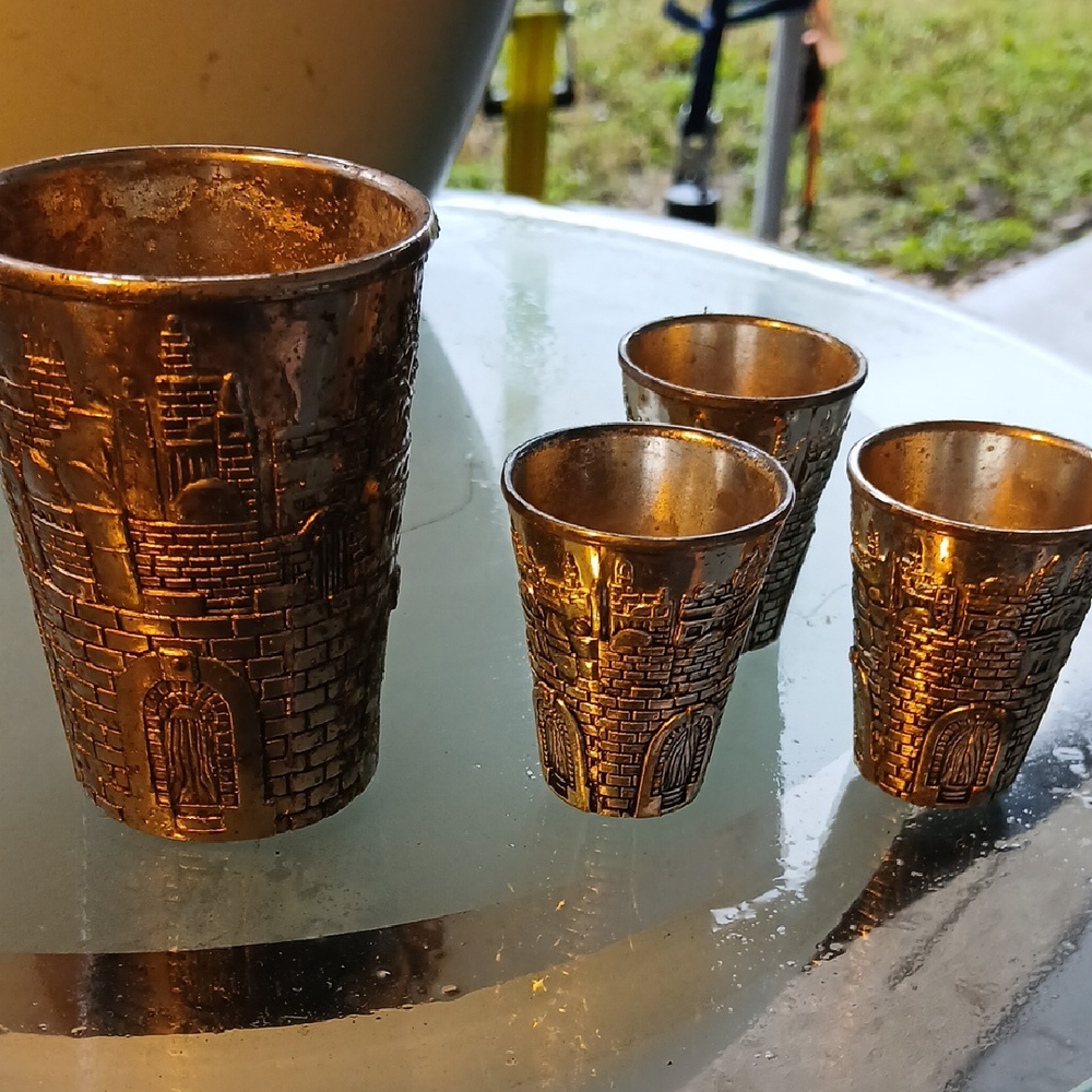 Karsi Jerusulum Vintage Embossed Silver Set Of 4 Wine Set